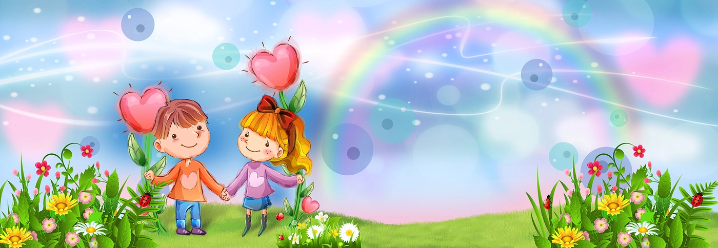 детские, мальчик с девочкой, воздушные шары, небо, полянка, цветы, радуга, голубые, зелёные