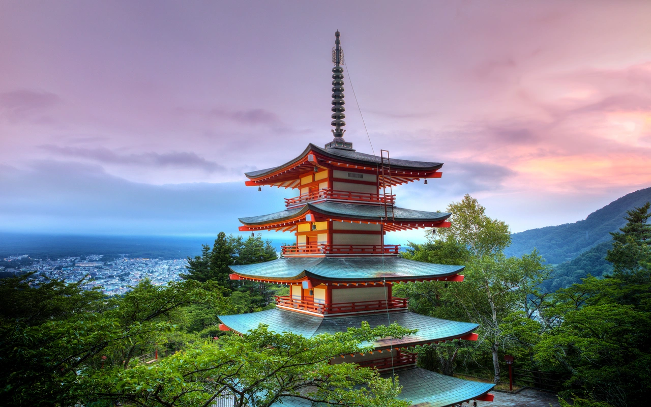 япония, гора фудзи, небо, минка, деревья, высота, розовые, зелёные, голубые