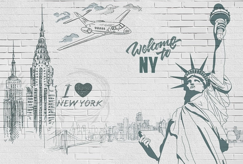 детские, статуя свободы, самолет, Нью-Йорк, город, черно-белый, серый, белый, стена, кирпичная стена, кирпич, мост