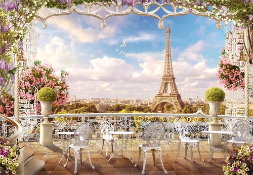 париж, эйфелева башня, балкон, кафе, столики, небо, цветы, голубые, бежевые